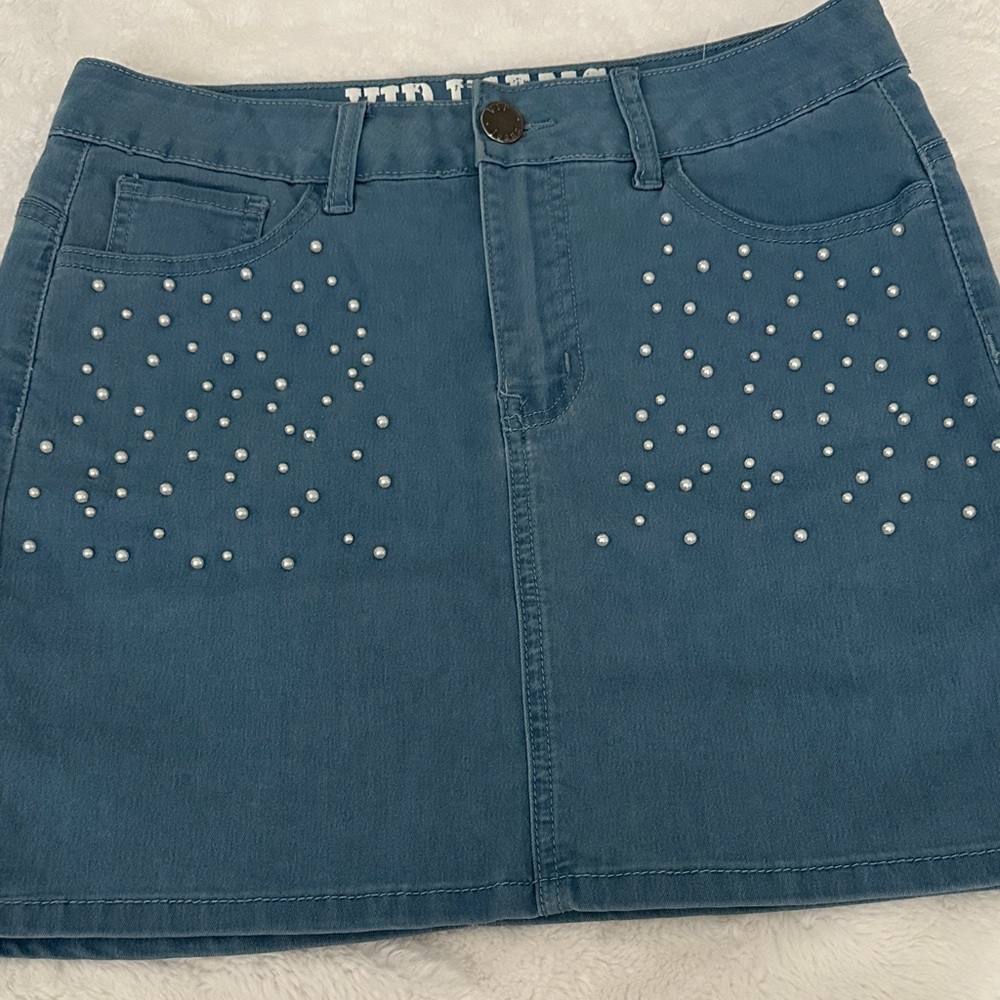Blue Denim Skirt with Pearl Embellishments size M